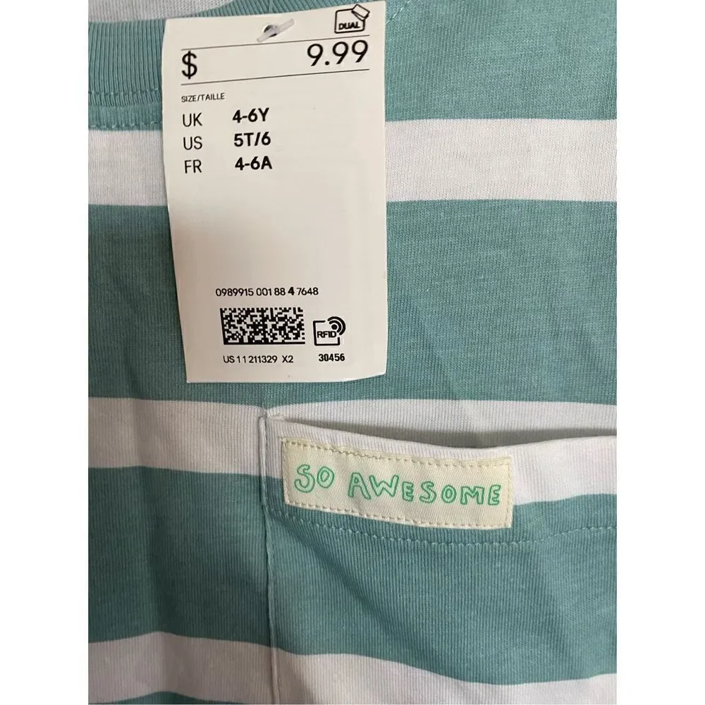 H&M NWT boys, green and white striped T-shirt size 5/6